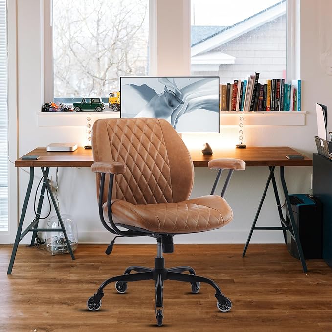 YFO Home Office Desk Chair Office Rubber Casters Ergonomic Computer Chair with Lumbar Support Adjustable Height Rolling Swivel Executive Task Armrests Chair๏ผ Brown Leather
