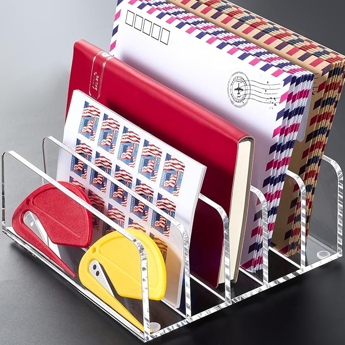 BEYGORM Acrylic Mail Holder, Clear Multifunction Desk Organizer with Divider, Vertical Letter Sorter for Desktop, 5 Compartments Modern Office Home Envelope Organizer for Bill, Document, Notebook