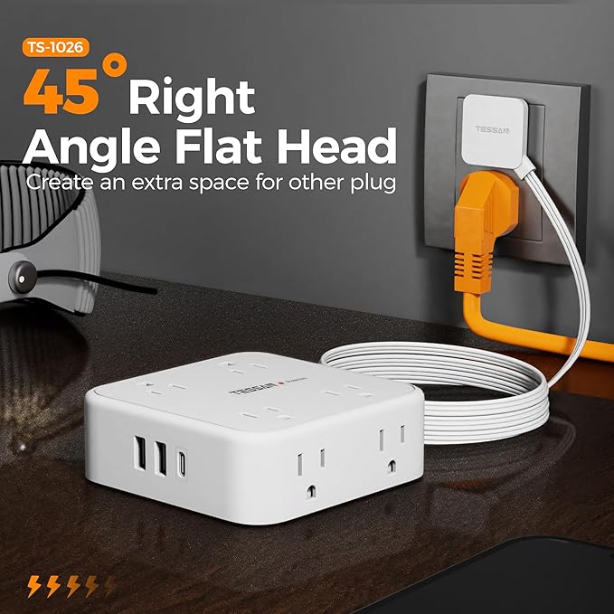 Flat Extension Cord, TESSAN Surge Protector Power Strip 5 FT with 8 Outlets 3 USB (1 USB C) Ports, 3-Sided Outlet Extender with 900J Surge Protection for Office Supplies, Dorm Room Essentials, White