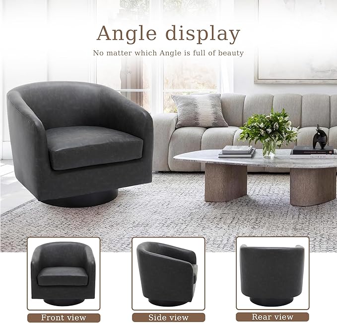 UIXE Faux Leather Swivel Accent Chair with Wood Base, Modern Upholstered Barrel Chairs for Living Room, Comfy Round Armchair Single Sofa Bedroom Reading Seat - 31" W, Black