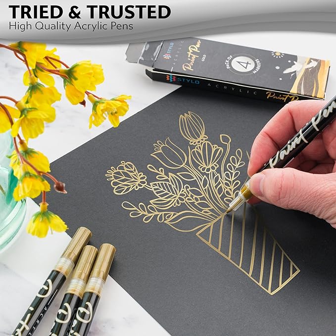 Stylo 8 Count Acrylic Metallic Pens - Gold Paint Pens - Fine Tip Permanent Acrylic Metallic Paint Markers for Rock Painting, Glass, Wood, Ideal for Arts and Crafts (Pack of 8, Gold)