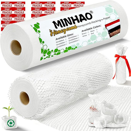 Honeycomb Packing Paper, 12"x400' White | Perforated Honeycomb Packing Paper Recyclable Moving Supplies for Shipping & Moving | Plastic-Free Alternative to Bubble Cushion Wrap with 36 Fragile Stickers
