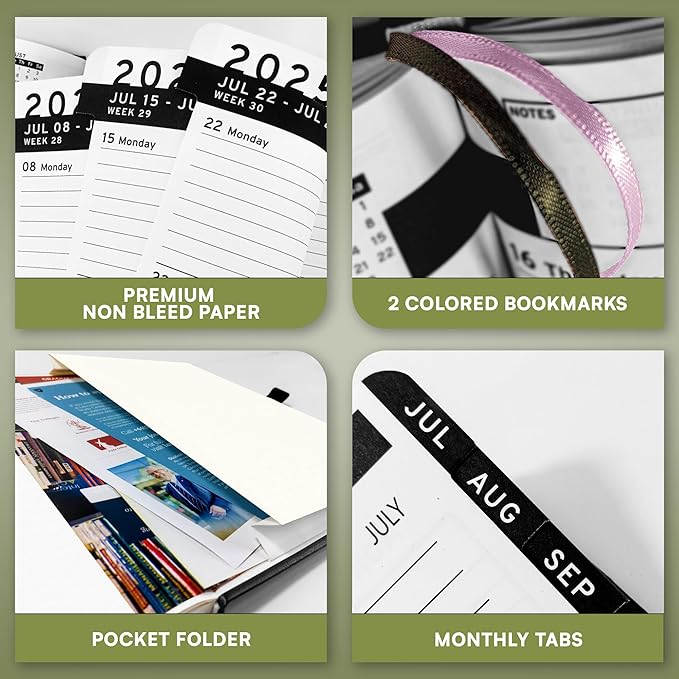 Ensight 2025-2026 HARDCOVER Leather Planner Weekly & Monthly - 8.5x11 Inches - Academic Planner Business Personal or Student - Pen Holder, Thick Paper, July 2025 - June 2026 (Olive Green)