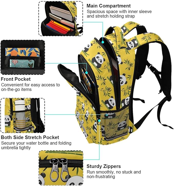 MNSRUU Laptop Backpack with Chest Strap, Panda and Bamboo School Backpack, Travel Hiking Backpack for Boys Girls Teen Adult, Rucksack, Knapsack