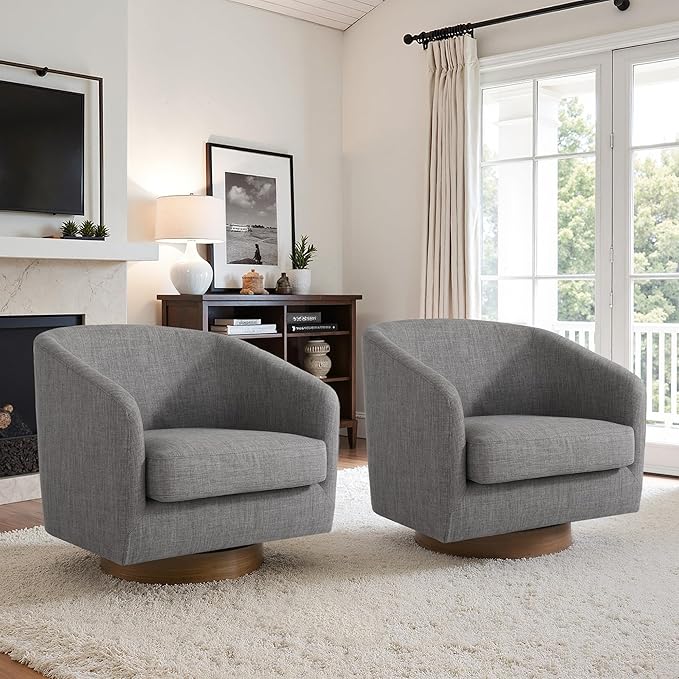 UIXE Swivel Accent Chairs Set of 2, Fabric Upholstered Barrel Chair for Living Room, Comfy Round Armchair Single Sofa Bedroom Reading Seat - 31" W, Gray