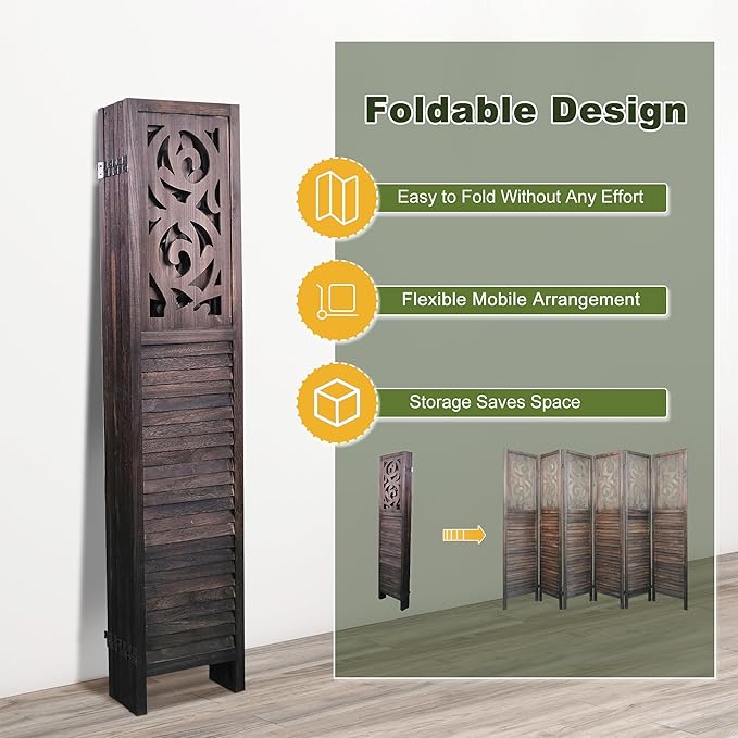 NicBex 6 Panel Room Divider 5.6FT Wood Carved Room Dividers, Folding Privacy Screens Portable Freestanding Partition Wall Dividers for Home Bedroom Office, Rustic Brown