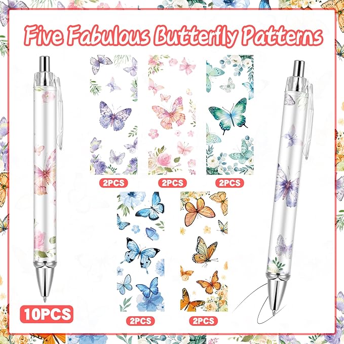 10 PCS Butterfly Ballpoint Pen Retractable Ballpoint Pen, 0.5mm Ball Point Pens for Office Stationery Home School Supplies for Women Teacher Gifts Black Ink, Medium Point (Butterfly, 10)