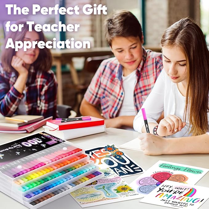Soucolor Gifts for Teen Girls, Aesthetic Cute Preppy Stuff School Supplies, Teen Girl Gifts, Art Kits for Girls Ages 6-14, 100 Colors Dual Tip (Brush and Fine Point) Markers Pens for Mothers Day Gift
