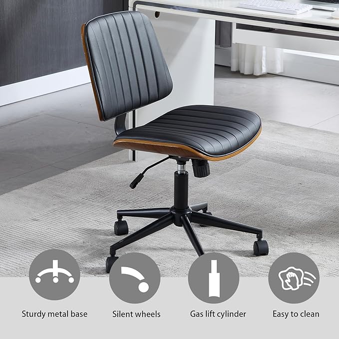 Small Home Office Chair - Armless Mid Back Desk Chair with 360° Swivel and Wheels, PU Upholstered Height Adjustable Modern Walnut Computer Chair for Home, Office Meeting Room - White