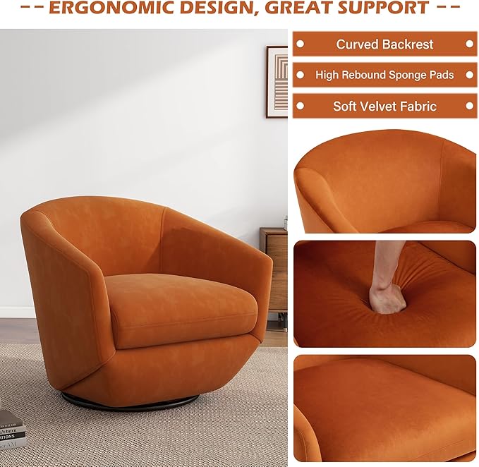 UIXE Velvet Swivel Accent Chairs Set of 2, Barrel Chair Upholstered Club Armchair for Living Room, Comfy Single Sofa Bedroom Side Reading Seat - Orange