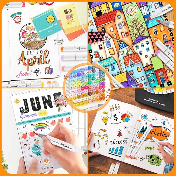 Caliart 101 Colors Brush & Chisel Alcohol Markers for Adult Coloring Book, Dual Tip Artist Sketch Art Markers, Aesthetic Cute Preppy Stuff School Supplies, Pens for Lettering Drawing Cards Planner