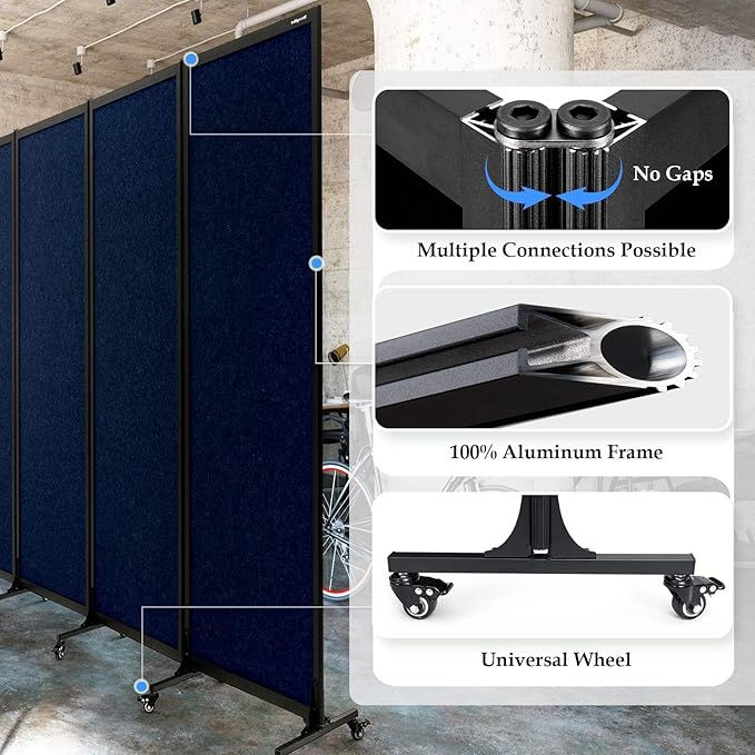 Upgrade Version Room Partition and Divider, Freestanding Rolling Dividers with Wheels,Office Privacy Screen Divider Wall,Classroom Felt Dividers,8'2"L* 6'7"H,4 Panel,Blue