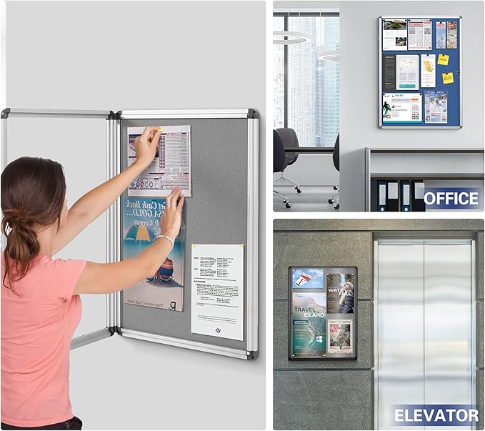 SWANCROWN Enclosed Bulletin Board Lockable Noticeboard Case with Aluminium Frame,Grey Felt, 20x14inch (2xA4)
