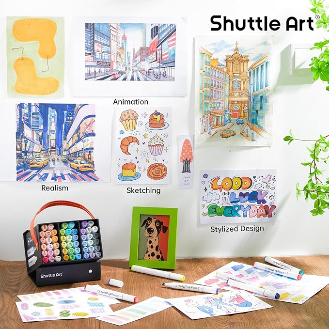 Shuttle Art Pastel Alcohol Markers Brush tip, Dual Tip Brush & Chisel Tip Art Marker Set, 50 Colors plus 1 Blender Marker Pens with Case Perfect for Illustration Students Adults Coloring Sketching