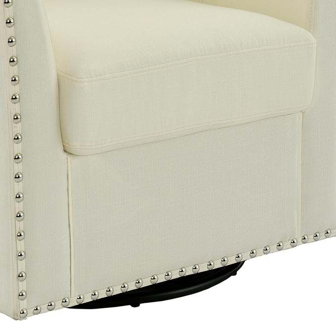 UIXE 360° Swivel Barrel Accent Chair, Modern Upholstered Arm Chair Round Club Armchair, Nailhead Trim Single Sofa Seating in Fabric for Living Room - White