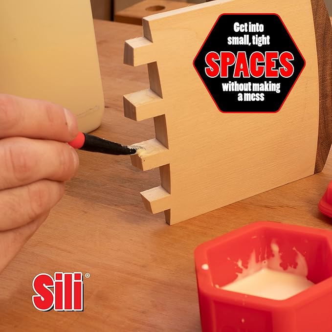 Sili Non-Stick Micro Silicone Glue Brush Wood Glue Applicator Set | Fine, Chiseled, Flat Tapered Tip Wood Glue Spreader | Sealable Lid Glue Pod | Silicone Glue Brushes Woodworking, Arts, Crafts, Hobby