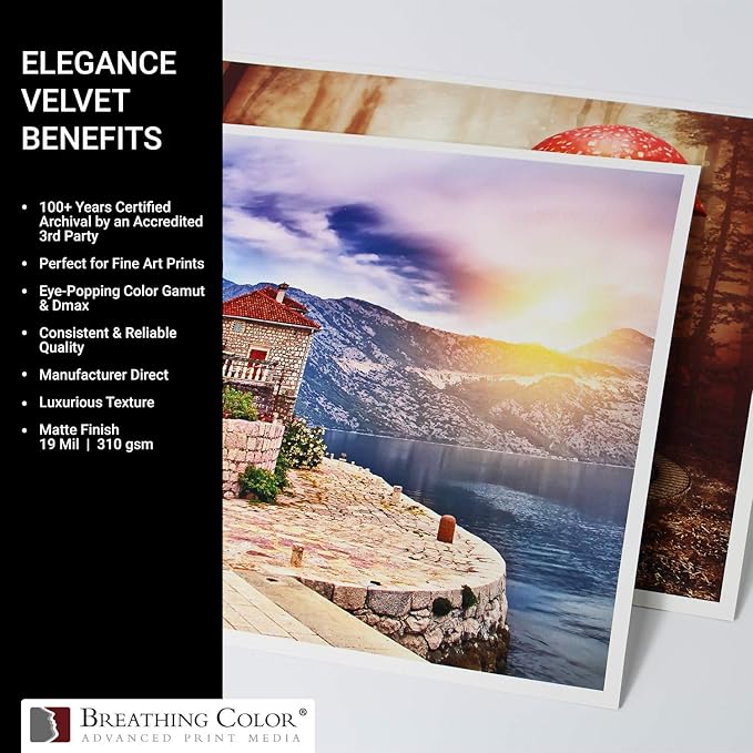 Elegance Velvet 54 in x 40 ft roll is a Premium Matte 310 gsm, Cold Pressed Bright White Museum Grade Fine Art Inkjet Paper, Compatible with Most Dye-Based and Pigment Printers