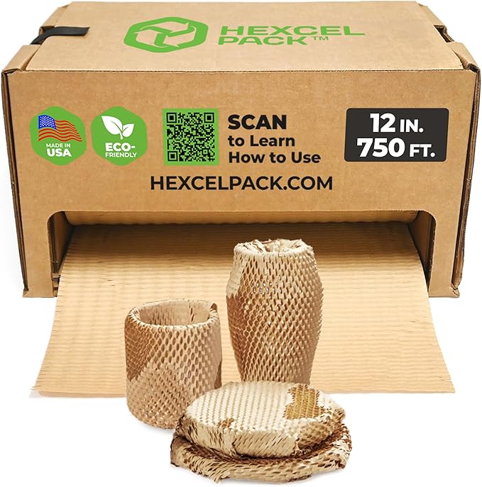 HexcelWrap Mini - Honeycomb Packing Paper, Eco-Friendly, Sustainable Paper Bubble Wrap for Shipping & Moving, Cushioned Packing Material in Dispenser - Natural, Pallet of 40, 12" x 750'