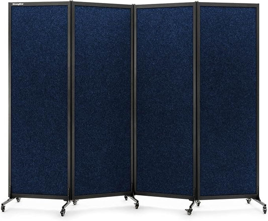 Upgrade Version Room Partition and Divider, Freestanding Rolling Dividers with Wheels,Office Privacy Screen Divider Wall,Classroom Felt Dividers,8'2"L* 6'7"H,4 Panel,Blue