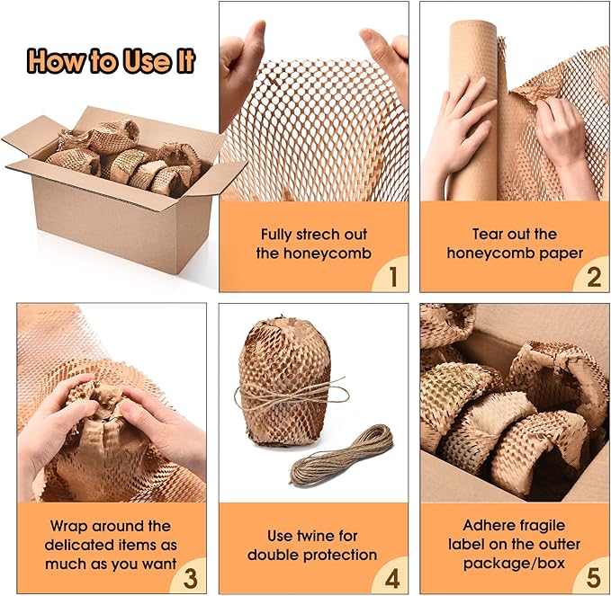 Honeycomb Packing Paper Pacific Mailer 12" x 65' Moving Paper Bubble Cushioning Wrap with 20 Fragile Sticker Labels