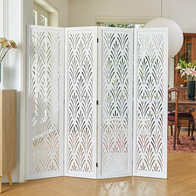 5.6Ft Room Divider Folding Wood Simple Carved Partition Screen for Home Office Garden - 4 Panels (White)