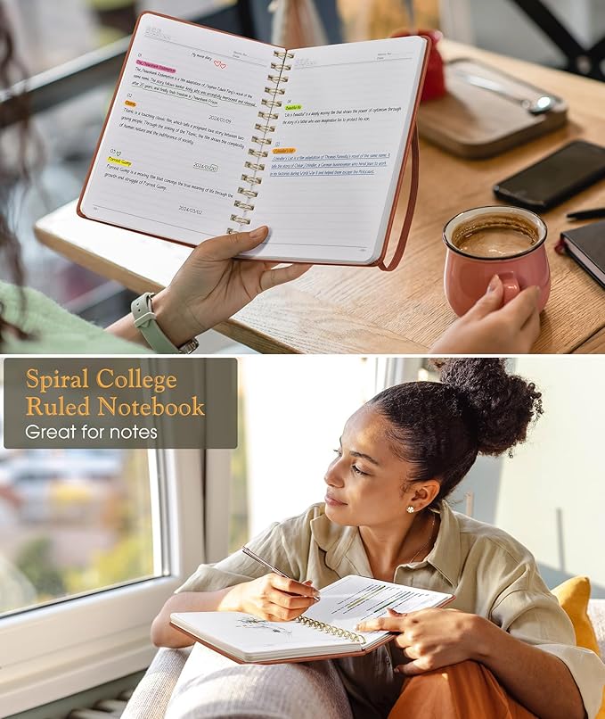 Lined Spiral Journal Notebook, A5 Hardcover Spiral Journals for Women Men, 150 Numbered Pages Spiral Bound Notebook, 100 GSM College Ruled Notebooks for Writing Note Taking 5.75" x 8.38", Brown