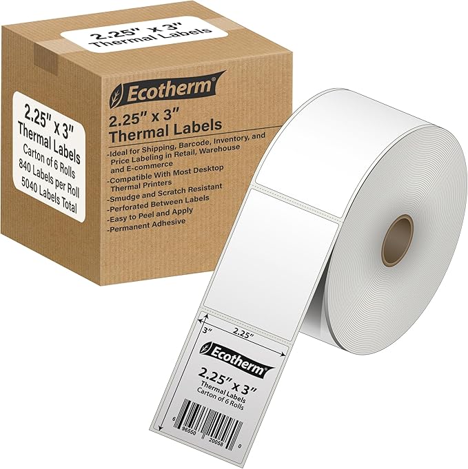 2.25" x 3" Thermal Labels | 6 Rolls | 5040 Labels | fits Zebra, Munbyn, Rollo, Godex, Arkscan, iDPRT, Offnova Thermal Label Printers and More | Blank White Adhesive Stickers by Ecotherm