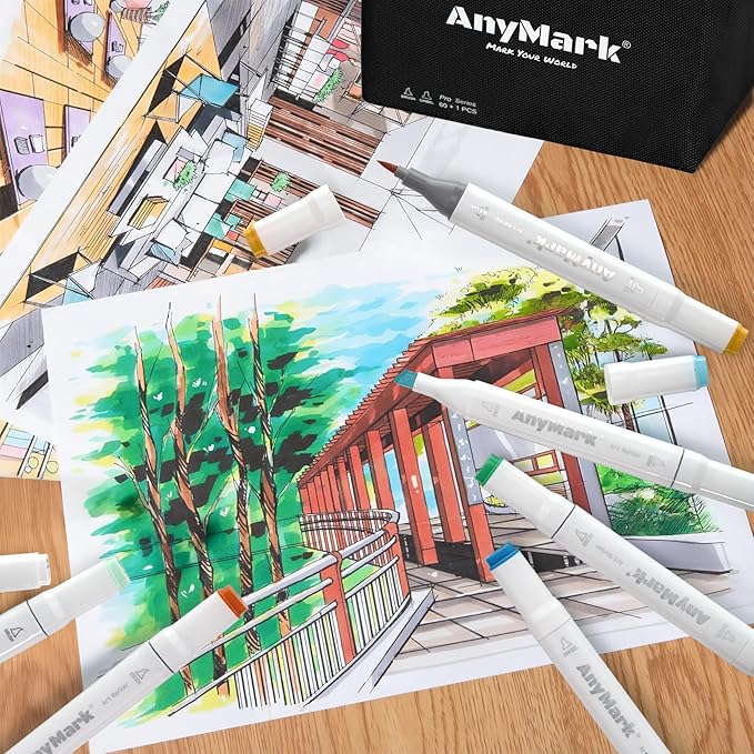 AnyMark Alcohol Markers Brush Tip, 60+1 Colors Dual Tip Brush & Chisel Alcohol-Based Art Markers Set with Case for Adult Artists Drawing Coloring