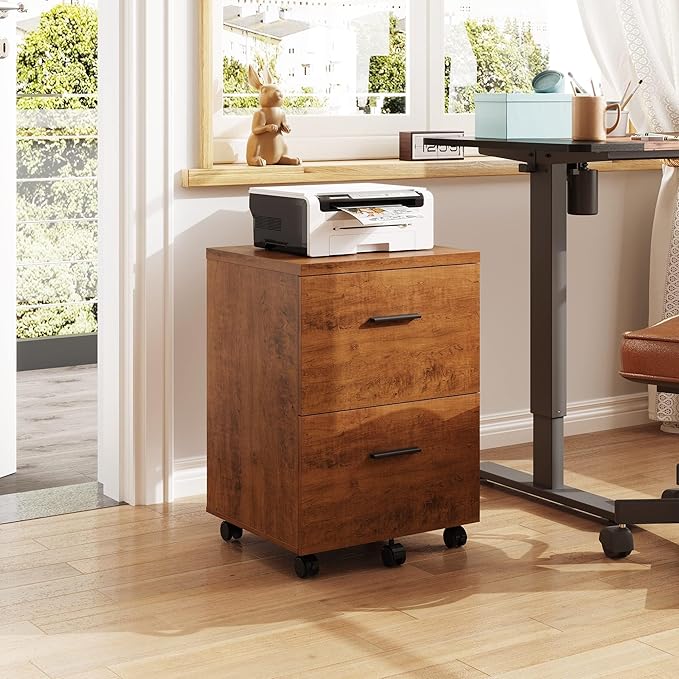 DEVAISE Wood File Cabinet, 2 Drawer Filing Cabinet for Home Office, Vertical File Cabinets with Wheels fits A4/Letter/Legal Size File, Walnut
