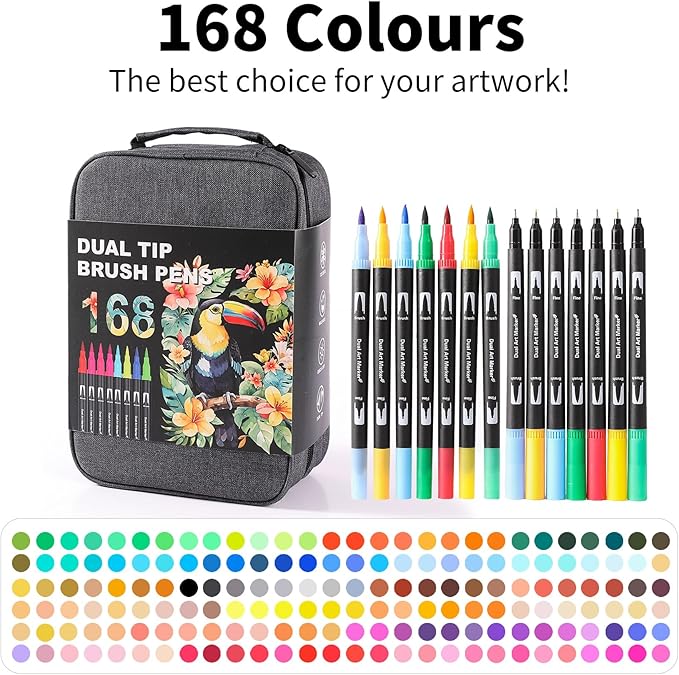 Double Brush Marker Pens, 168 Colors Art Markers Set with Fine Tip and Brush Tip for Kids Adult Coloring Book Hand Lettering Calligraphy Drawing Art Supplies Kit