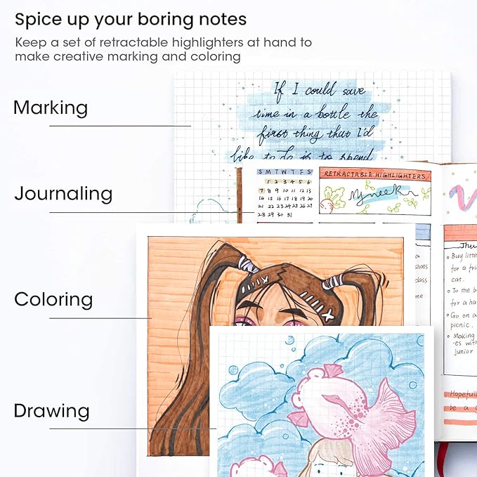 WRITECH Retractable Highlighters Assorted Colors: Chisel Tip Click Aesthetic Highlighter Marker Pens Pack Multi Colored Ink No Bleed Smear for Highlighting Journaling (6ct Neon)