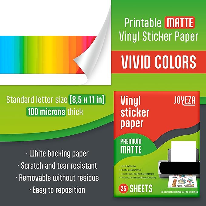 JOYEZA Premium Printable Vinyl Sticker Paper for Inkjet Printer - 25 Sheets Matte White Waterproof, Dries Quickly Vivid Colors, Holds Ink well- Tear Resistant - Inkjet & Laser Printer