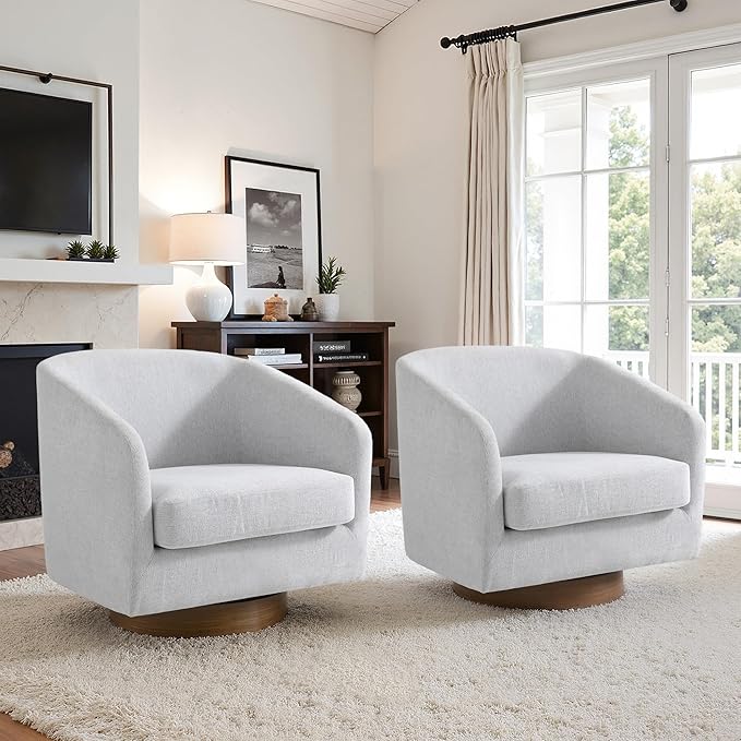 UIXE Swivel Accent Chairs Set of 2, Chenille Upholstered Barrel Chair for Living Room, Comfy Round Armchair Single Sofa Bedroom Reading Seat - 31" W, Beige