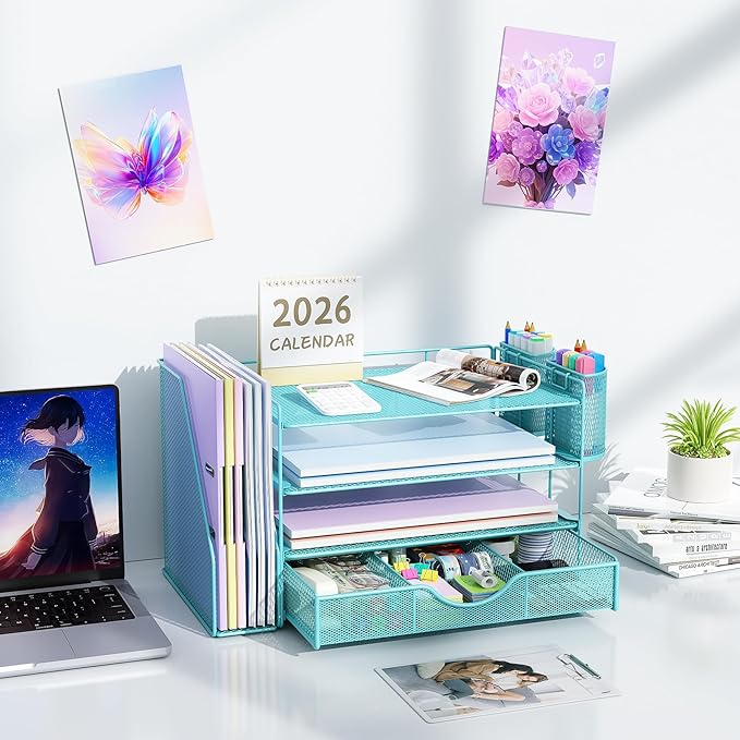 gianotter Desk Organizers and Accessories with File Holder, 4-Tier Desk Accessories & Workspace Organizers with Drawer and 2 Pen Holder, Paper Organizer for Office Supplies (Blue)