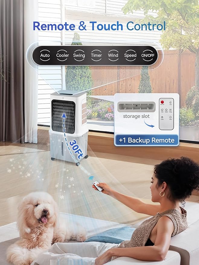 10 Gal Evaporative Air Cooler, 3000CFM Quiet Portable Air Conditioners, 35" Fast Cooling Swamp Cooler, 120° Oscillation, 12H Timer, 3 Speeds & Modes Remote Control for Living Room|Bedroom|Garage