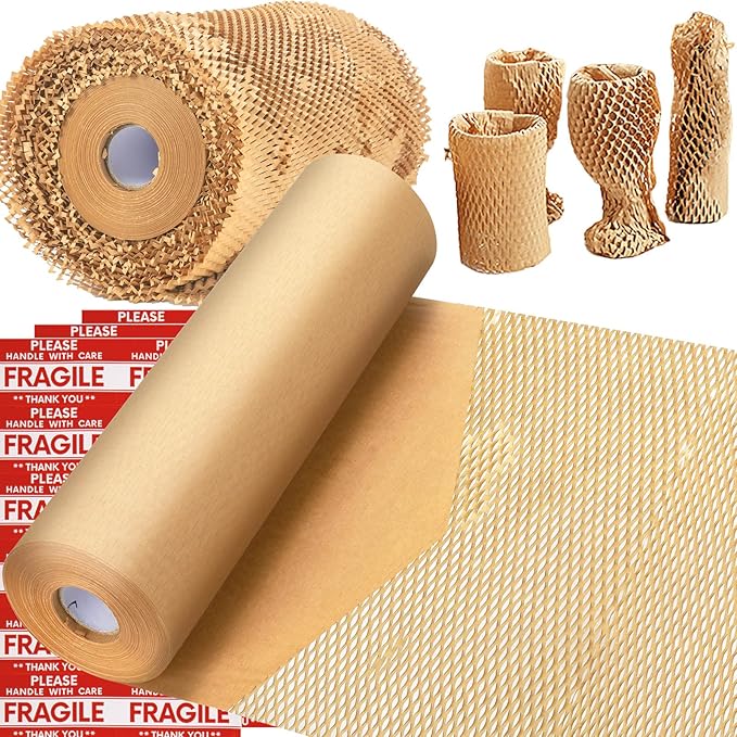 Honeycomb Packing Paper, MINHAO 15"x400' Eco Friendly Packing Paper for Moving Recyclable Honeycomb Paper Moving Supplies Bubble Paper Wrapping Protective Roll, With 36 Fragile Sticker Labels