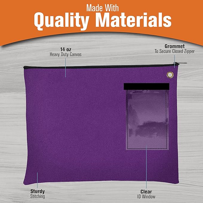 BankSupplies Canvas Interoffice Mailer, 14 oz. - 14W x 11H - Purple - Transit Bag - Large Zipper Bag with Grommet - Use with Padlock or Zip Tie for Security - Interoffice Mail Bag