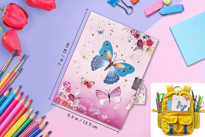 Girls Diary with Lock for Kids, 7x5.25 Inches 160 Lined Pages Secret Pink Butterfly Notebook for Girls Journal with Lock for Kids Pre School Writing Drawing Cute Girls Gifts for Birthday