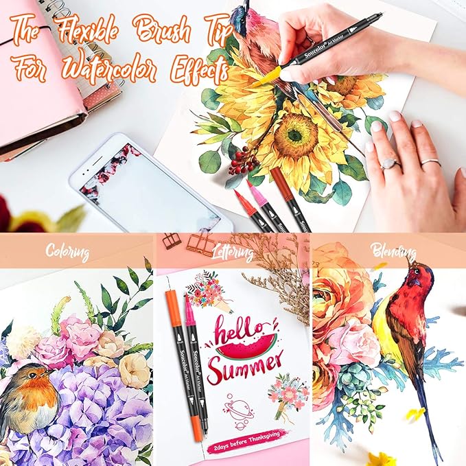 Soucolor Art Brush Markers Pens for Adult Coloring Books, Cute Preppy Stuff School Office Teacher Supplies, 34 Colors Dual Tip (Brush and Fine Point) Drawing Markers for Note Taking Journal Classroom