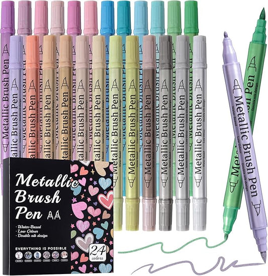 24 Pack Metallic Markers, Dual Tip Glitter Pens for Black Paper & Rock Painting Metallic Acrylic Paint Markers for DIY Crafts, Scrapbooking, Glass, Wood, Cards Alcohol Based Quick Dry Ink