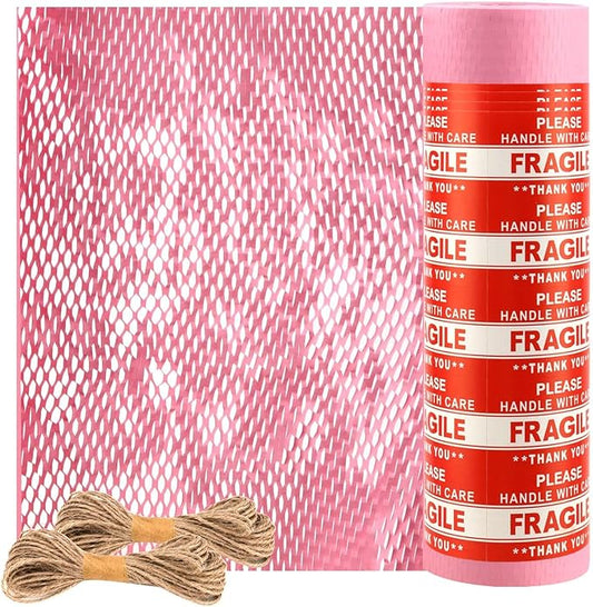JAPCHET 15 In x 328 Ft Pink Honeycomb Packing Paper, Honeycomb Paper with Sticker Labels and 10 m Rope Honeycomb Wrap Roll for Packaging and Shipping