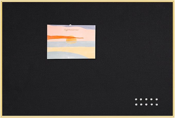 Bulletin Board 30 x 20 inches, Black Pin Board, Golden Aluminum Framed Fabric Cork Board with 10 Push Pins