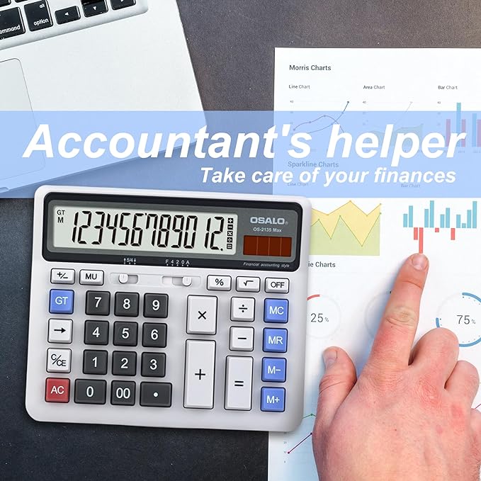 Desktop Calculator Extra Large LCD Display 12-Digit Big Number Accounting Calculator with Giant Response Button, Battery & Solar Powered, Perfect for Office Business Home Daily Use(OS-2135)