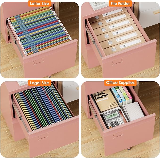 Aobabo Metal 2 Drawer Office File Cabinet with Lock, Under Desk Office Steel Files Cabinet on Wheels, 25.6''H Legal/Letter A4 Size, Assembly Required, Pink