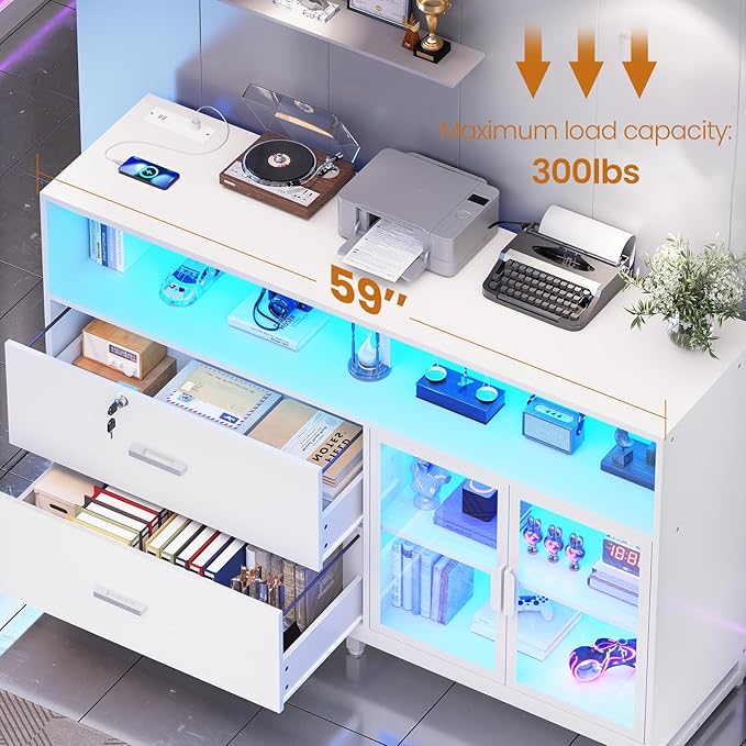 SEDETA 59" File Cabinet, 2 Drawers Filing Cabinets for Home Office fit Legal/Letter/A4 File, File Cabinet with Lock & Power Outlets, Printer Stand with Storage & LED Lights, White