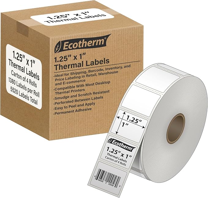 1.25" x 1" Thermal Labels | 4 Rolls | 5520 Labels | fits Zebra, Godex, Arkscan, iDPRT, Offnova Thermal Label Printers and More | Blank White Adhesive Stickers by Ecotherm