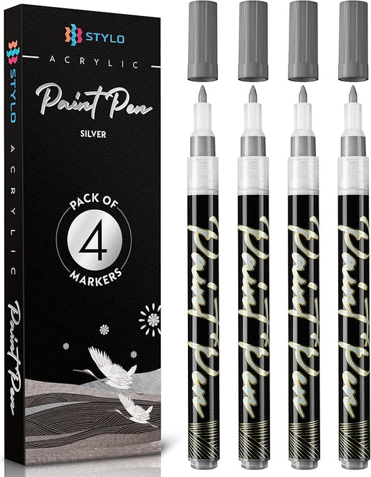 Stylo 4 Count Acrylic Metallic Pens - Silver Paint Pens - Fine Tip Permanent Acrylic Metallic Paint Markers for Rock Painting, Glass, Wood, Ideal for Arts and Crafts (Pack of 4, Silver)