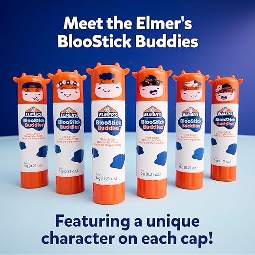 Elmer's BlooStick Buddies Glue Sticks, Disappearing Blue Glue Stick, Anti-Roll Cap, 6g, 48 Count