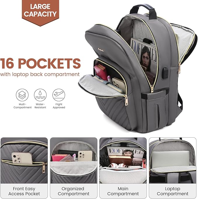 LOVEVOOK Laptop Backpack for Women 17.3 inch,Cute Womens Travel Backpack Purse,Professional Laptop Computer Bag,Waterproof Work Business College Teacher Bag Carry on Backpack with USB Port,Purple Gray