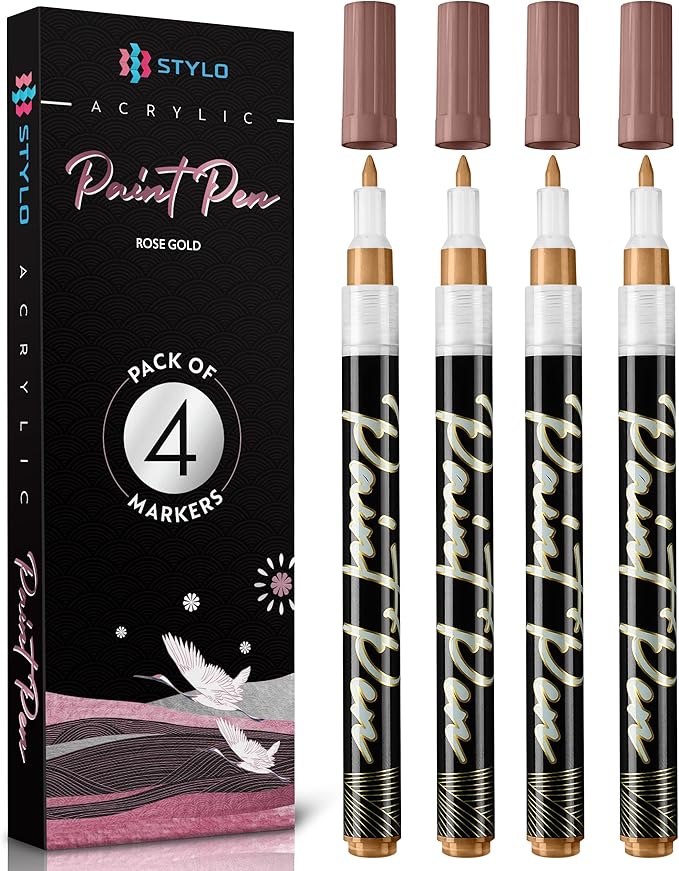 Stylo 4 Count Acrylic Metallic Pens - Rose Gold Paint Pens - Fine Tip Permanent Acrylic Metallic Paint Markers for Rock Painting, Glass, Wood, Ideal for Arts and Crafts (Pack of 4, Rose Gold)
